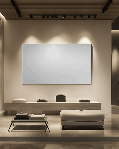 Luxury Interior Canvas Mockup Modern Boutique Lounge With Wooden Ceiling Marble Floor Spotlights And Elegant Furniture Featuring Horizontal Frame