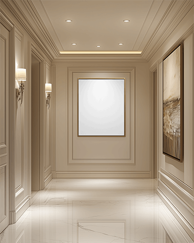 Elegant Hallway Canvas Mockup Sophisticated Interior Soft Ambient Lighting Marble Flooring And Classic Wall Panels