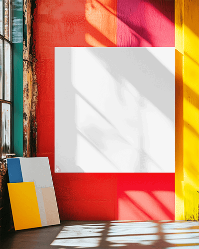 Vibrant Industrial Canvas Mockup Bold Red And Yellow Walls Dramatic Sunlight And Artistic Loft Atmosphere