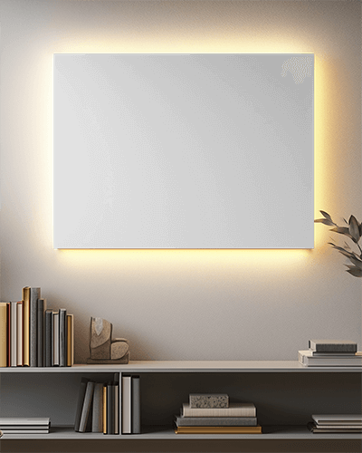 Warm Backlit Canvas Mockup Modern Bookshelf Decor With Cozy Ambient Lighting And Minimalist Aesthetic