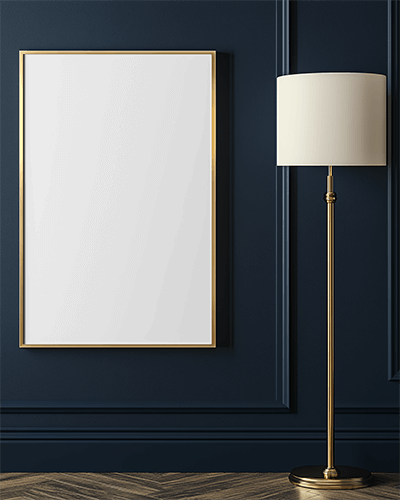 Elegant Interior Canvas Mockup Gold Framed Art Against Deep Navy Wall Beside Luxury Floor Lamp Classic And Sophisticated Ambience