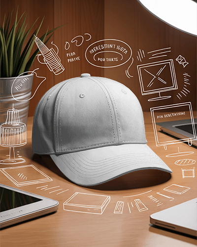 Creative Cap Mockup On Desk With Drawn Icons Around It Modern Studio Setup Lifestyle Display
