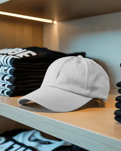 Plain Baseball Cap For Custom Branding On Wooden Retail Display Shelf Blank Caps