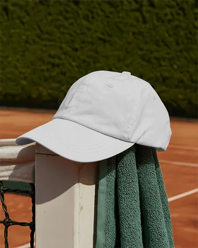 Sporty Outdoor Cap Mockup On Tennis Court Net Post With Texture Background