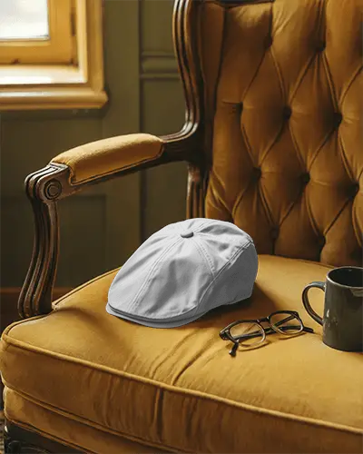 Classic Flat Cap On Vintage Chair With Eyeglasses And Coffee Mug For Style Mockup Presentations