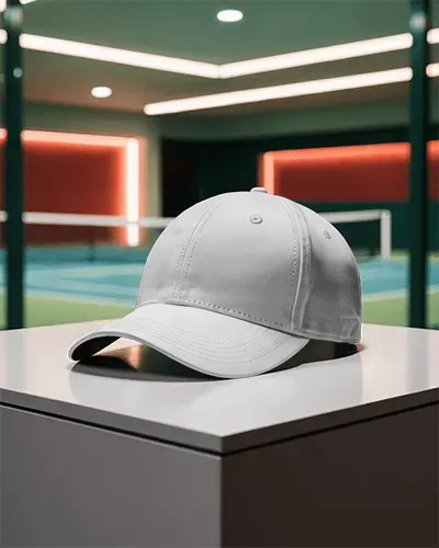 Premium Baseball Cap Mockup On Modern Table With Sports Court Background For Branding