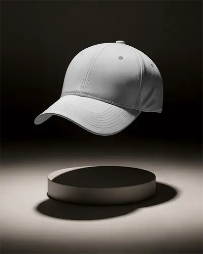 Classic Baseball Cap Floating Above Round Pedestal For Clean Product Display