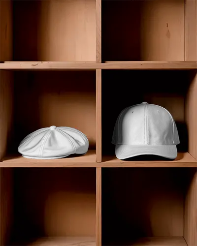 vintage-style-flat-cap-and-modern-baseball-cap-mockups-display-on-wooden-shelf