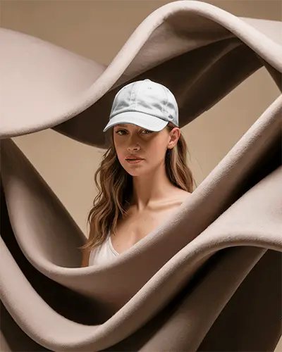stylish-minimalist-cap-worn-by-woman-in-abstract-fabric-background-for-fashion-brand