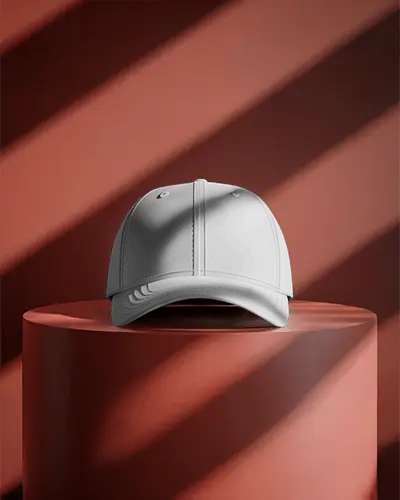 Cap Mockup Front View Baseball Hat On Cylinder Pedestal Striped Lighting Modern Display
