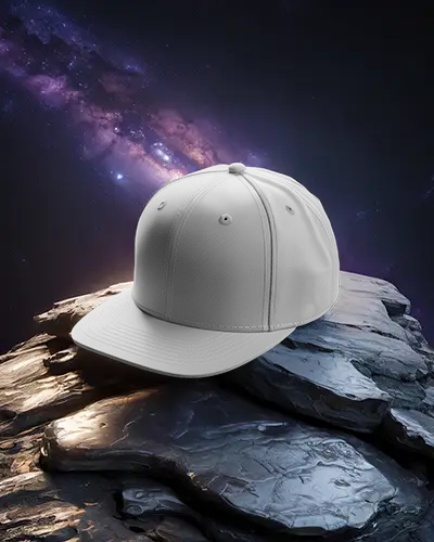 Cosmic Scene Cap Mockup Flat Bill Hat On Rock Surface Galaxy Background Cinematic Display