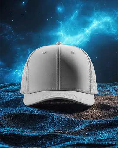 Futuristic Cap Mockup Mesh Back Hat Front View Blue Electric Light Galaxy Background Scene