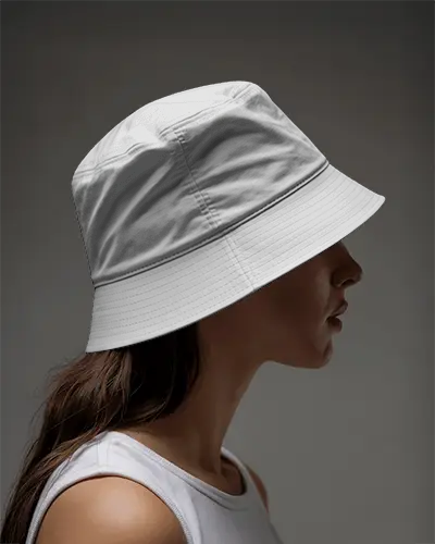 Female Model Wearing Bucket Cap Mockup Monochrome Studio Look Clean And Fashion Forward