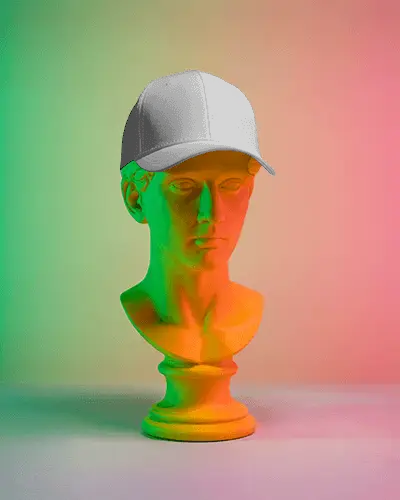 artistic-cap-mockup-dark-baseball-hat-on-classic-bust-statue-colorful-neon-lighting-display