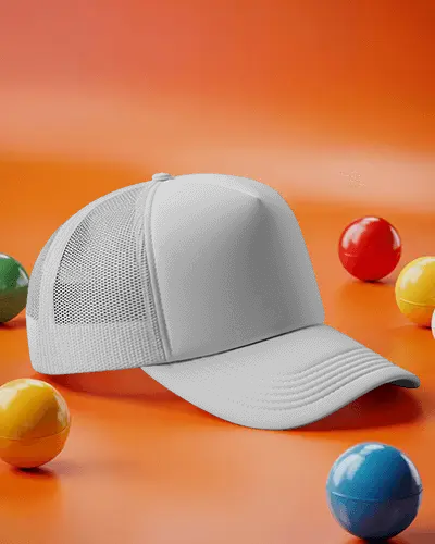trendy-trucker-cap-mockup-black-mesh-hat-surrounded-by-colorful-balls-orange-background