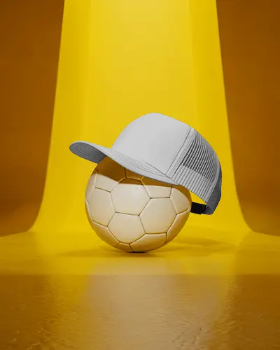 Sporty Trucker Cap Mockup Mesh Hat On Soccer Ball Bright Yellow Background Display