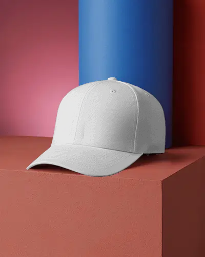 Stylish Baseball Cap Mockup Hat On Red Surface With Blue Cylinder Modern Studio Look