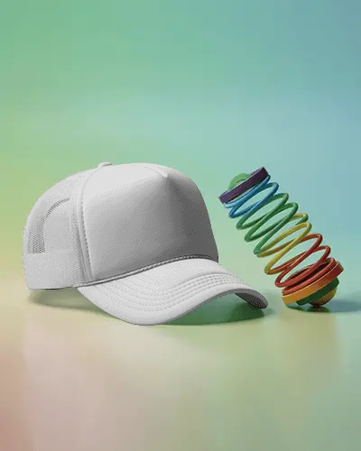 Trendy Trucker Cap Mockup Mesh Hat With Rainbow Spring Toy Colorful Studio Display
