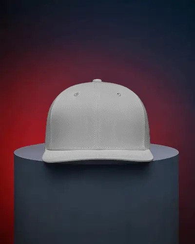 Flat Brim Cap Mockup Front View On Round Pedestal With Dark Gradient Background