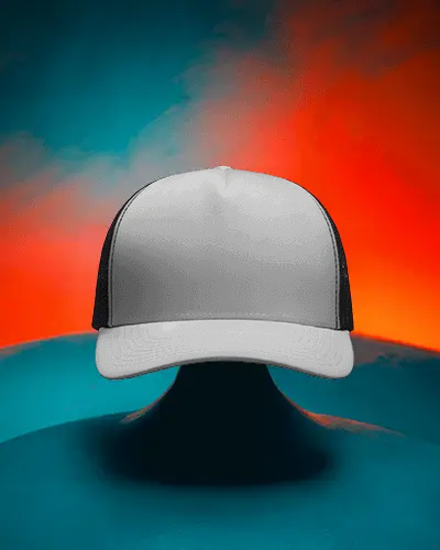Surreal Cap Mockup Front View Hat On Rounded Surface With Fiery Gradient Background