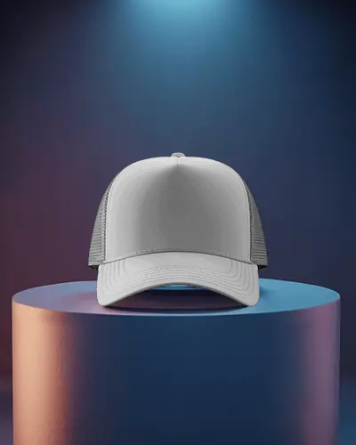 Trucker Cap Mockup Front View On Pedestal Under Spotlight With Gradient Studio Background