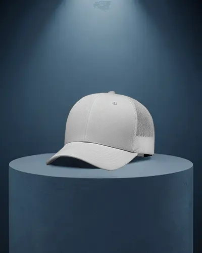 Photorealistic Trucker Cap Mockup Angled Display On Round Surface With Soft Lighting