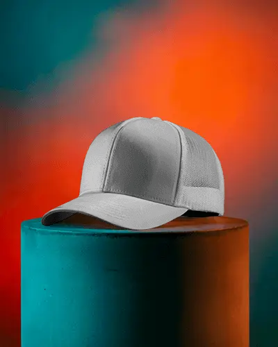Stylish Trucker Hat Mockup Mesh Back Side Front View On Stand With Bold Color Background