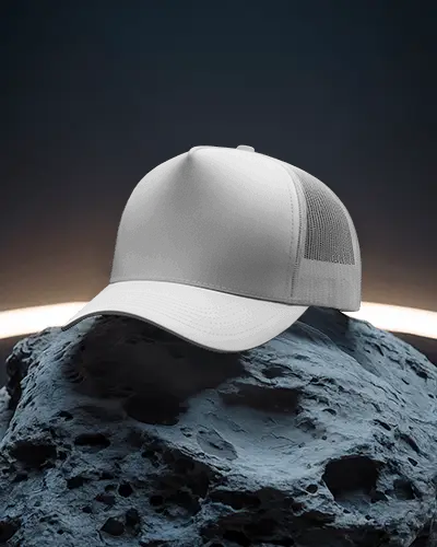 Photorealistic Trucker Hat Mockup Angled Display On Textured Stone With Glowing Backdrop