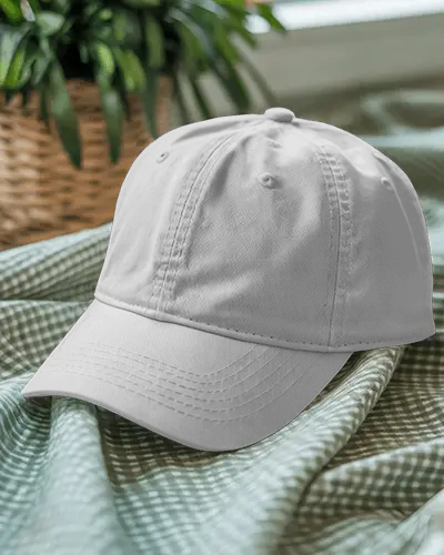 Cap Mockup On Gingham Fabric With Green Plant Background Fresh And Cozy Vibe