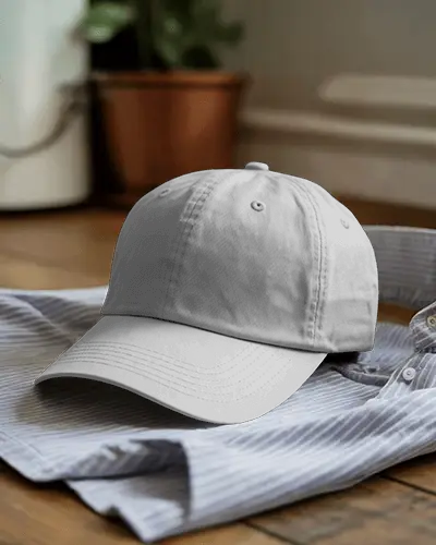 Everyday Style Cap Mockup Placed On Striped Shirt With Indoor Setting Simple And Clean Look