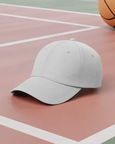Sporty Cap Mockup On Basketball Court Surface With Orange Ball Streetwear Athletic Aesthetic