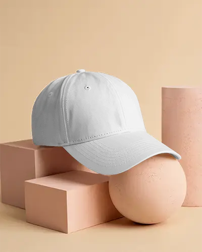 Studio Display Cap Mockup Against Pastel Geometric Shapes Creative Setup Minimalist Design