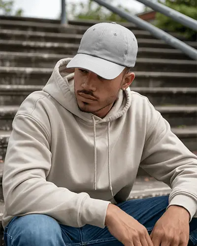 Urban Lifestyle Cap Mockup On Male Model Wearing Hoodie Sitting Outdoor Streetwear Vibes