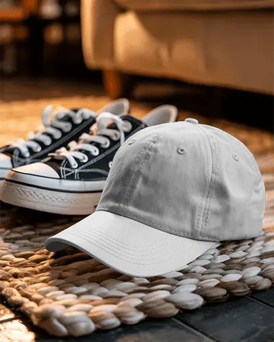 Casual Lifestyle Cap Mockup On Woven Rug With Sneakers In Background Cozy Home Fashion Style
