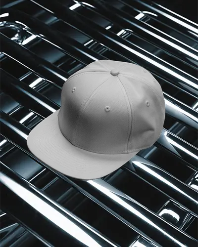 Futuristic Flat Cap Mockup On Metallic Chrome Pipes With High Contrast Light Modern Display