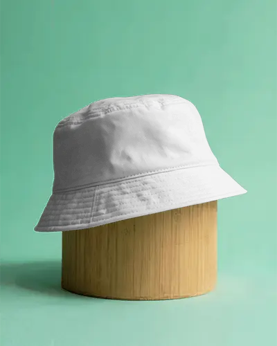 Trendy Bucket Cap Mockup On Wooden Cylinder With Mint Green Background Stylish Studio Shot