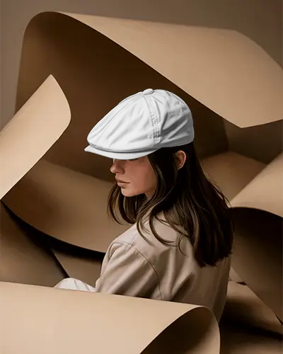 Fashion Flat Cap Mockup On Female Model Amid Curved Paper Art Studio Editorial Modern Vibe