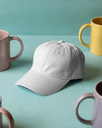 Colorful Lifestyle Cap Mockup Surrounded By Ceramic Coffee Mugs On Pastel Desk Fun Vibrant