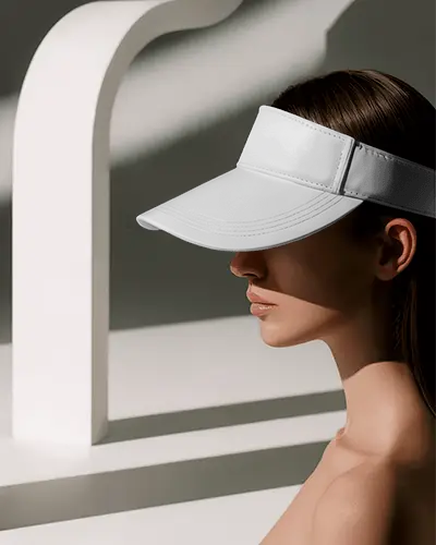 Stylish Visor Cap Mockup On Female Model Under Geometric Light Shadows Minimal Fashion Vibe