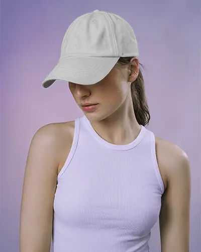 Lifestyle Cap Mockup On Female Model In White Top With Soft Purple Gradient Background Style