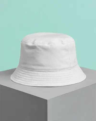 Bucket Cap Mockup On Minimal Gray Pedestal With Light Blue Background Modern Clean Display