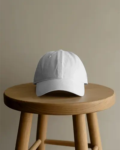 Lifestyle Cap Mockup On Wooden Stool Against Neutral Wall Modern Simple Display Home Setting