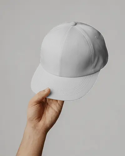 Hand Holding Cap Mockup On Gray Background Clean Minimalist Studio Setup Modern Streetwear