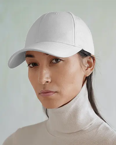 Fashion Cap Mockup On Female Model In Cream Turtleneck Minimalist Portrait Studio Presentation