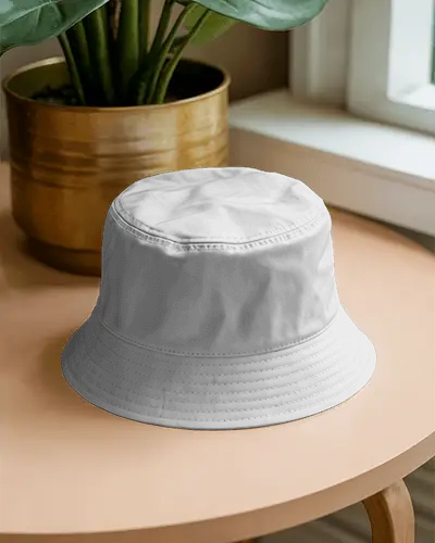 Bucket Cap Mockup On Wooden Table Near Golden Plant Pot Natural Light Home Lifestyle Display