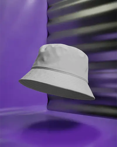 Floating Bucket Cap Mockup On Purple Background With Light Stripes Modern Studio Presentation