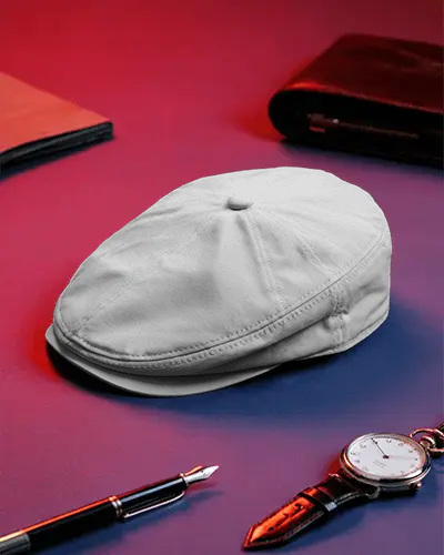 Flat Cap Mockup On Red Blue Surface With Watch Wallet And Pen Premium Fashion Studio Display