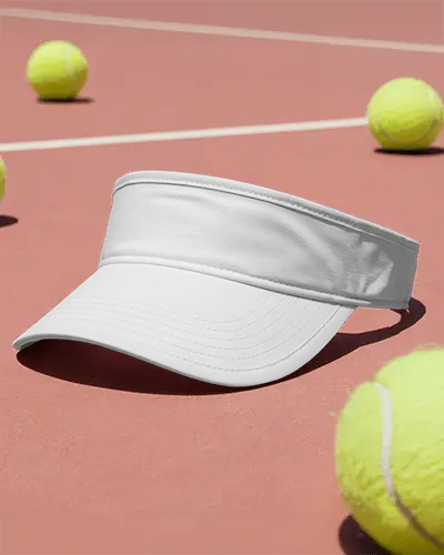 Sports Visor Cap Mockup On Tennis Court With Yellow Balls Active Outdoor Sporty Fashion Style