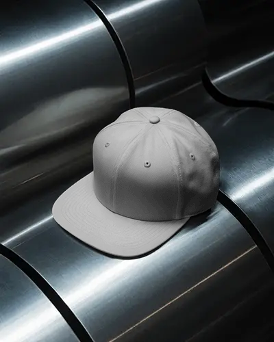 Snapback Cap Mockup On Metallic Surface Industrial Studio Setup Modern Premium Fashion Style