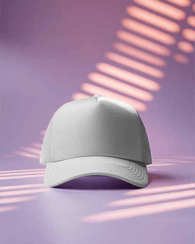 Trucker Cap Mockup On Purple Background With Sunlight Shadow Stripes Modern Studio Presentation